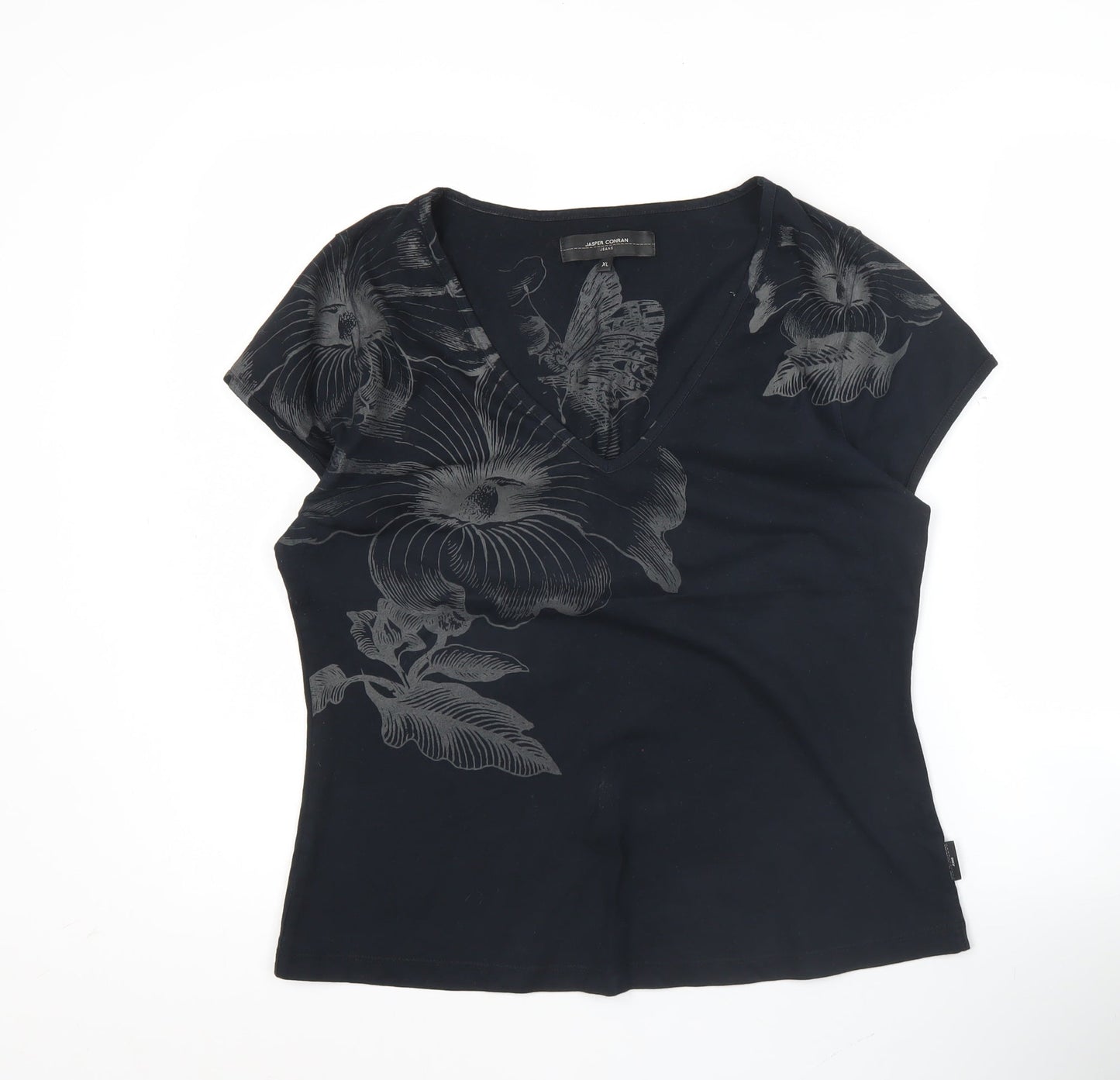 Jasper Conran Women’s Black Floral V-Neck Cotton T-Shirt XL