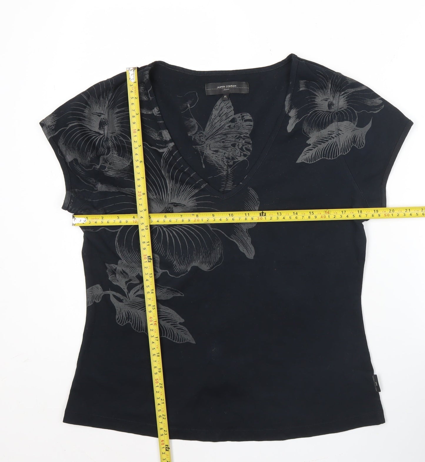 Jasper Conran Women’s Black Floral V-Neck Cotton T-Shirt XL