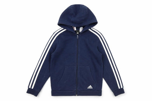 Front view of Adidas boys’ blue full zip hoodie 11-12y fleece long sleeve sportswear