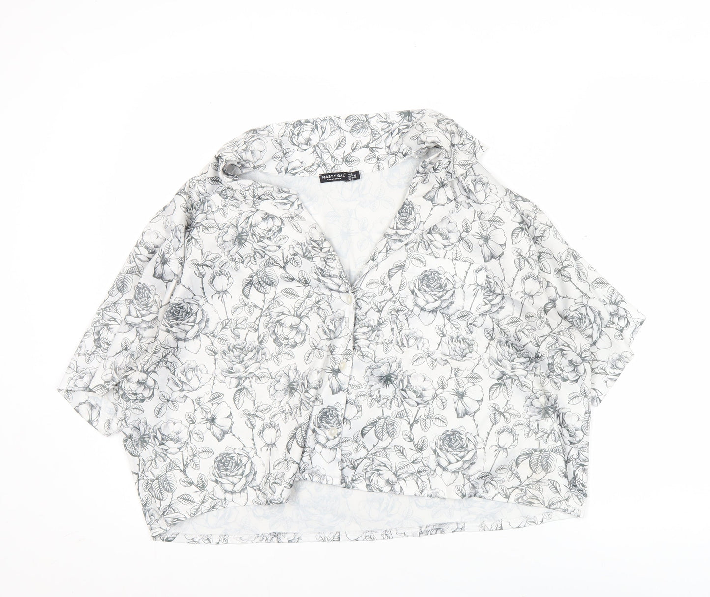 Nasty Gal Women's White Floral Cropped Button-Up Shirt Size 12