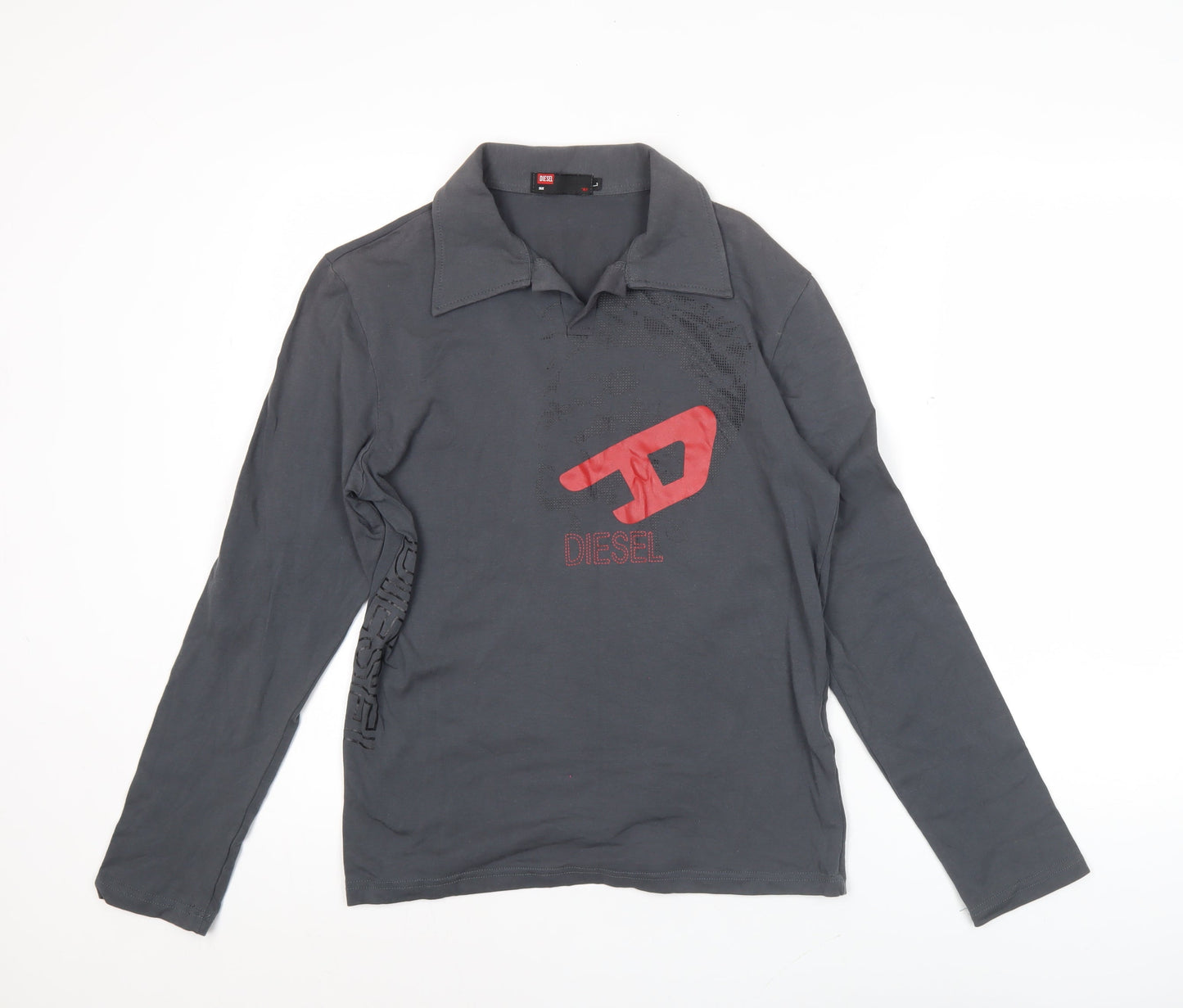 Diesel Mens Grey Long Sleeve Polo Shirt L Cotton Graphic Logo
