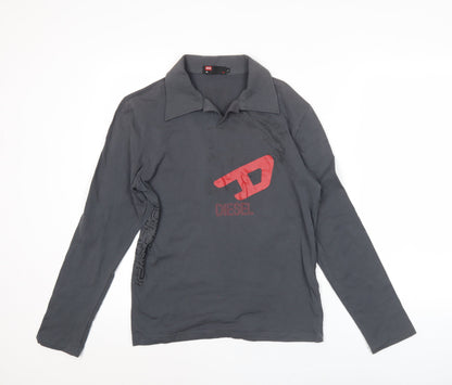 Diesel Mens Grey Long Sleeve Polo Shirt L Cotton Graphic Logo