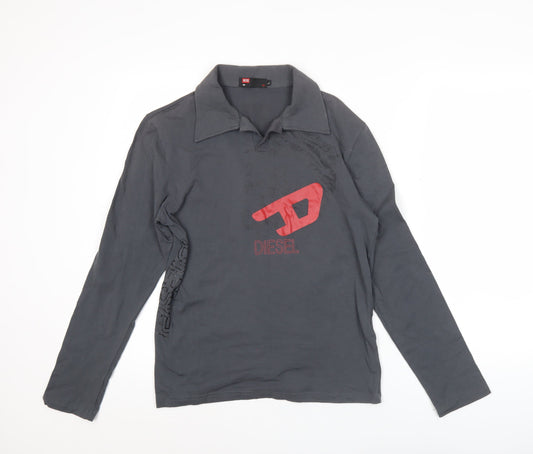 Diesel Mens Grey Long Sleeve Polo Shirt L Cotton Graphic Logo