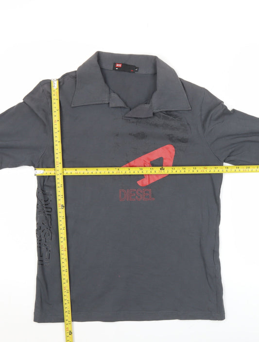 Diesel Mens Grey Long Sleeve Polo Shirt L Cotton Graphic Logo