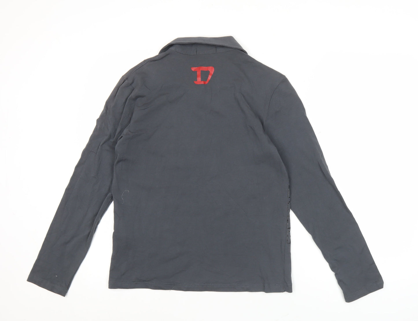 Diesel Mens Grey Long Sleeve Polo Shirt L Cotton Graphic Logo