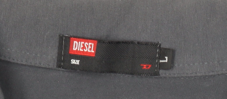 Diesel Mens Grey Long Sleeve Polo Shirt L Cotton Graphic Logo