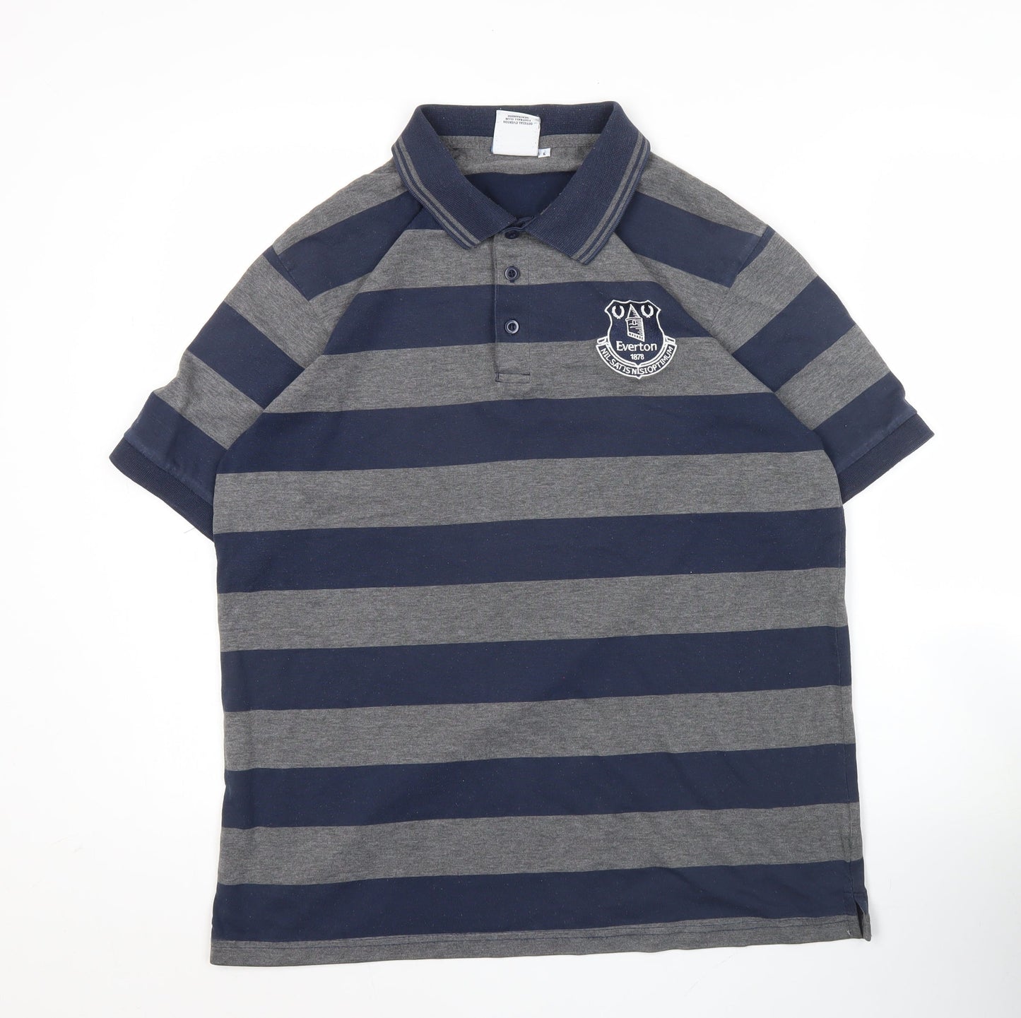 Everton Men's Grey & Blue L Polo Shirt Striped Football Casual Top
