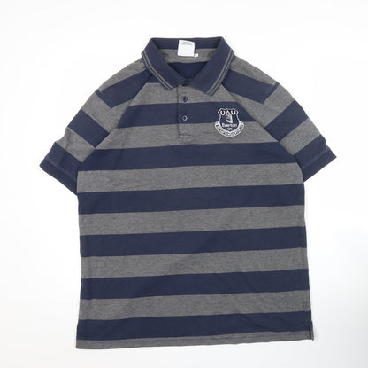 Everton Men's Grey & Blue L Polo Shirt Striped Football Casual Top