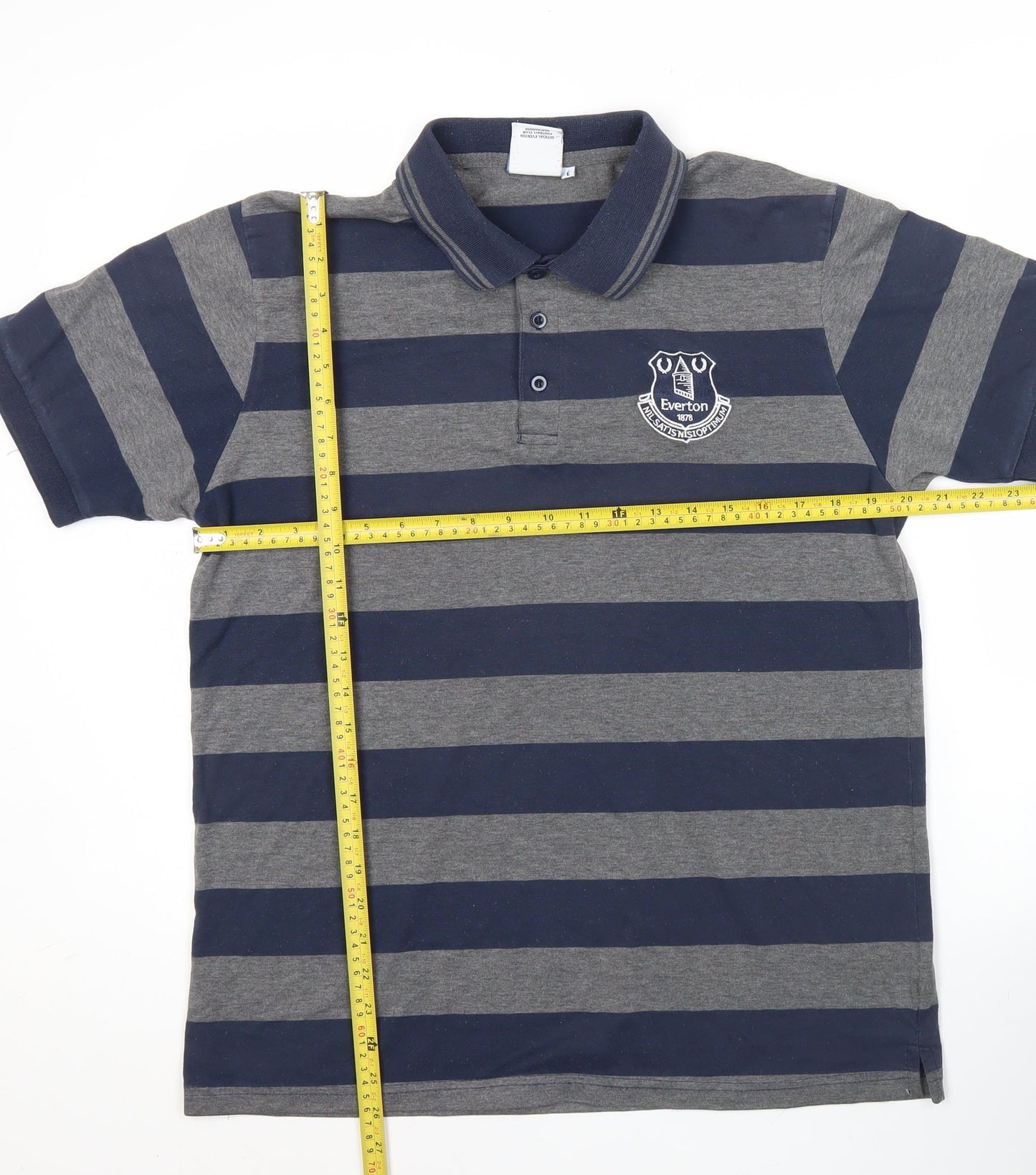 Everton Men's Grey & Blue L Polo Shirt Striped Football Casual Top