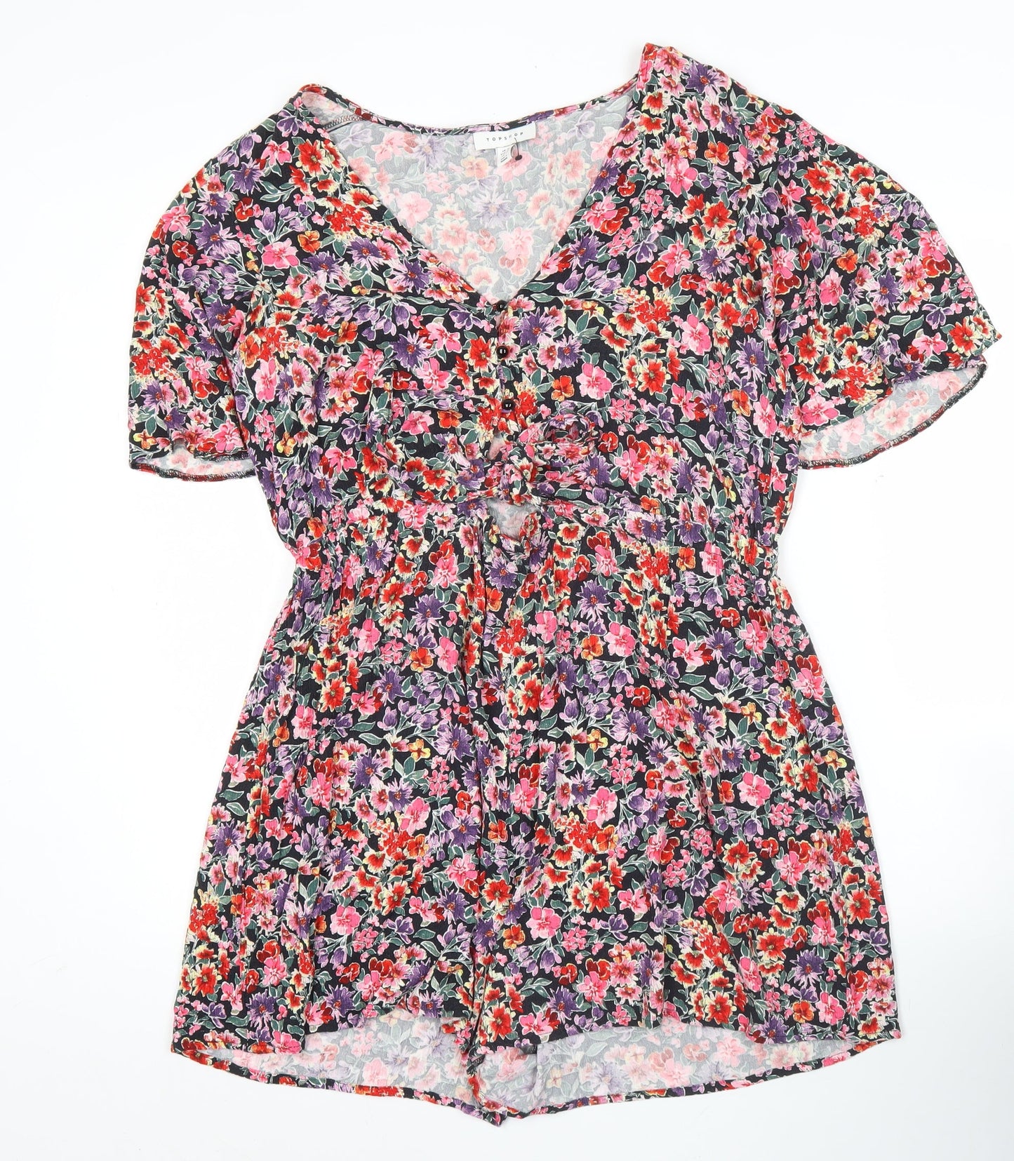 Topshop Women’s Multicoloured Floral Playsuit Size 16 V-Neck Short Sleeve