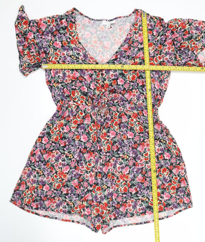 Topshop Women’s Multicoloured Floral Playsuit Size 16 V-Neck Short Sleeve