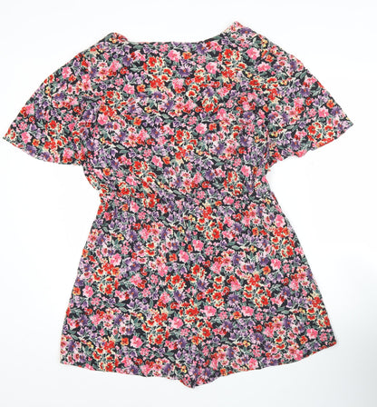 Topshop Women’s Multicoloured Floral Playsuit Size 16 V-Neck Short Sleeve