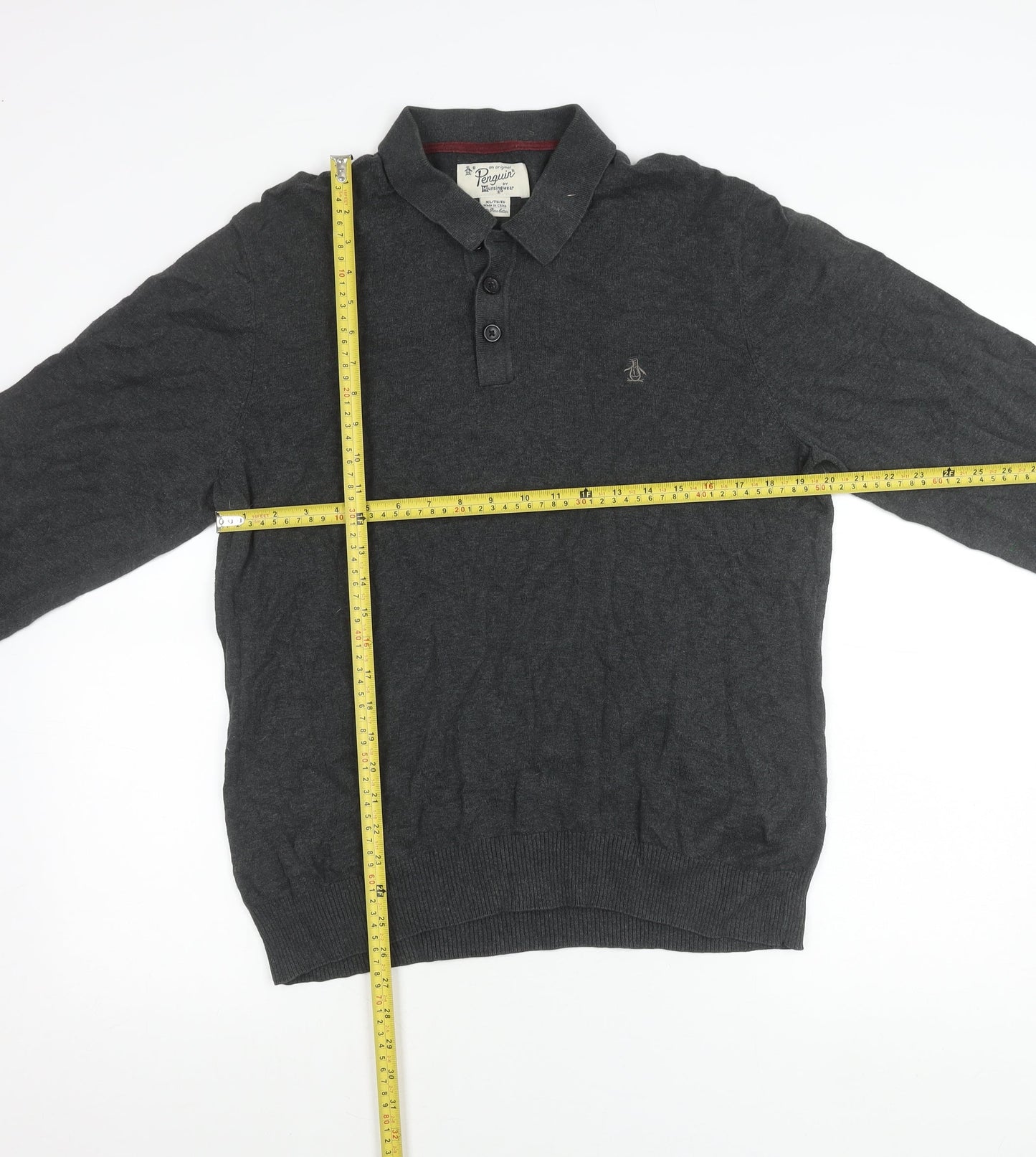 Penguin by Munsingwear Mens Grey XL Cotton Long Sleeve Polo Shirt