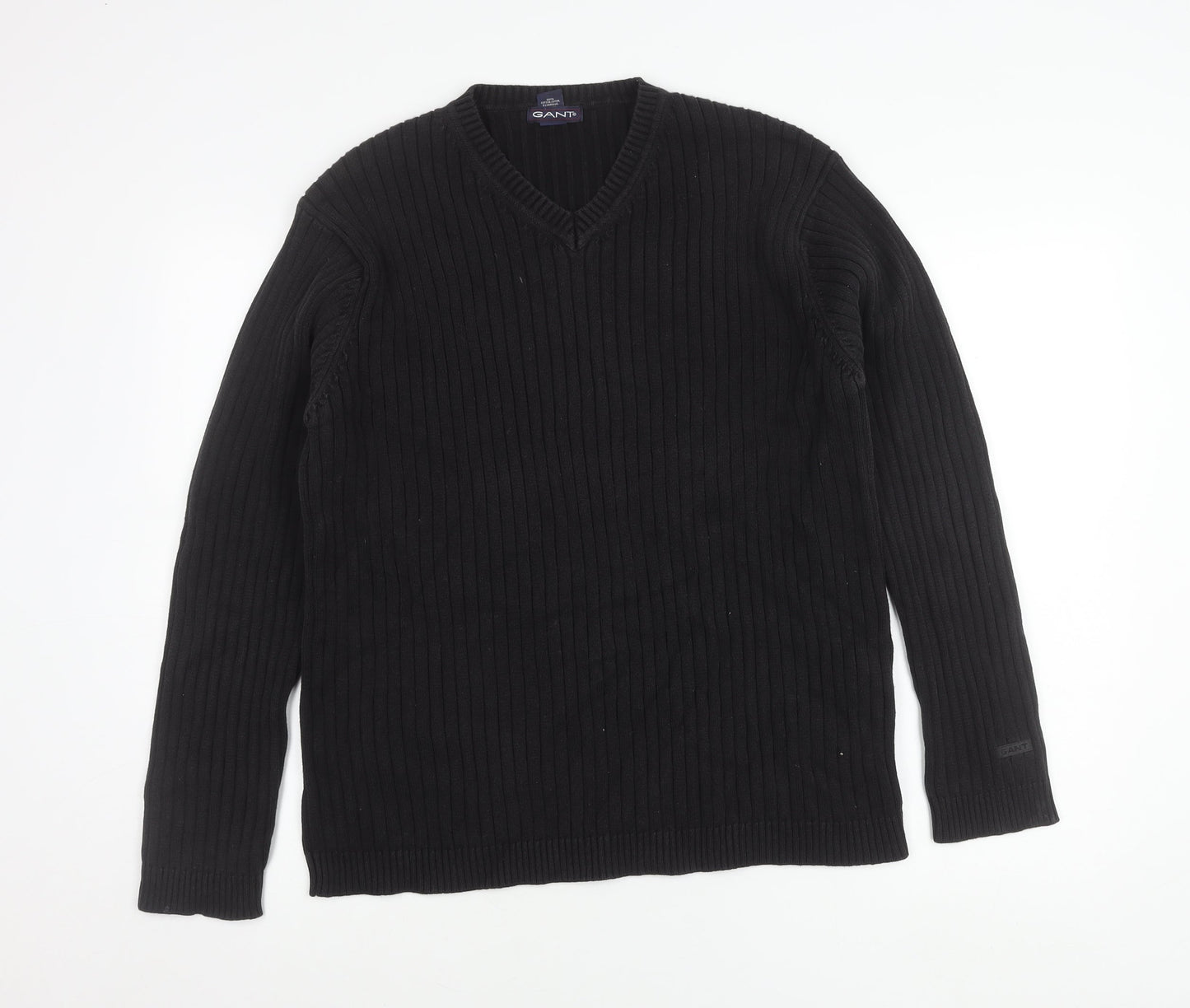 Gant Men's Black Cotton V-Neck Jumper Size L Long Sleeve Knit