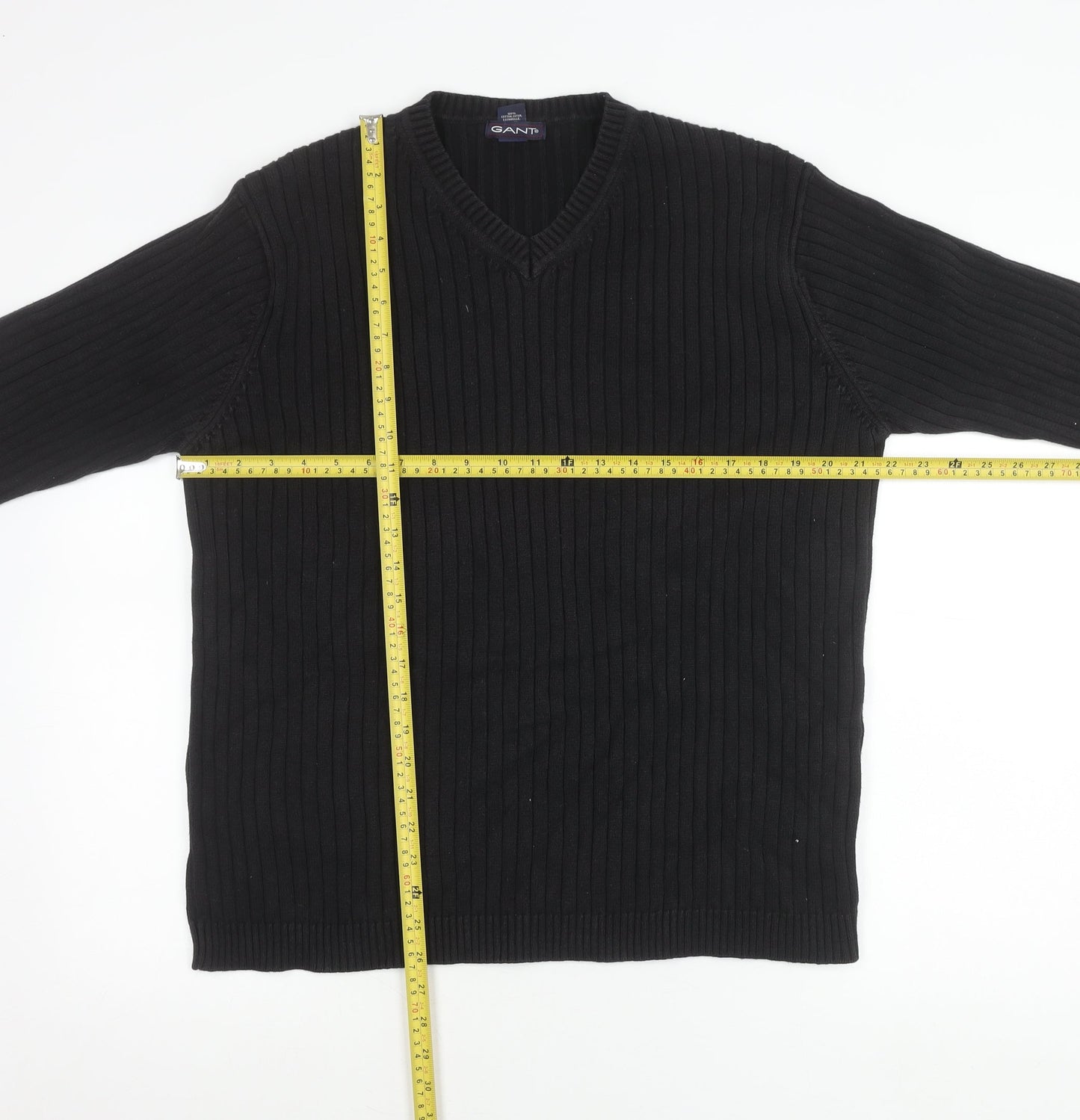 Gant Men's Black Cotton V-Neck Jumper Size L Long Sleeve Knit