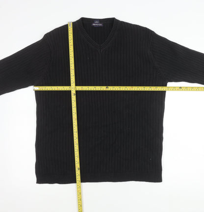 Gant Men's Black Cotton V-Neck Jumper Size L Long Sleeve Knit
