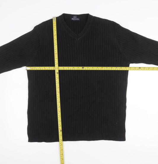 Gant Men's Black Cotton V-Neck Jumper Size L Long Sleeve Knit