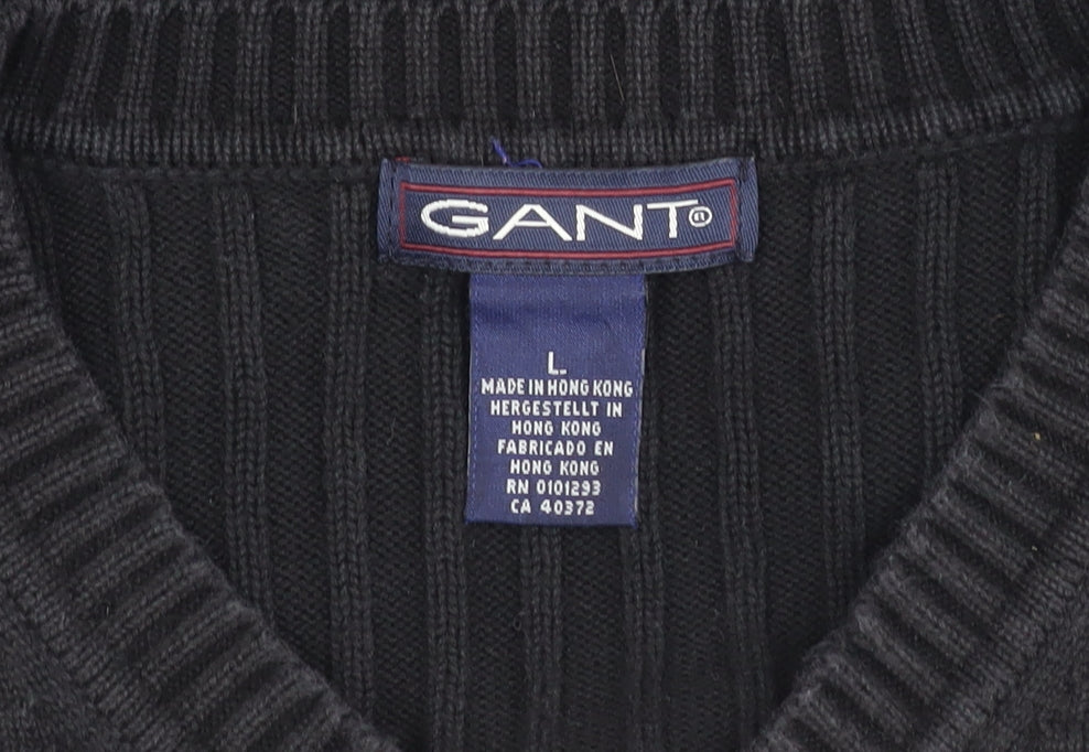 Gant Men's Black Cotton V-Neck Jumper Size L Long Sleeve Knit