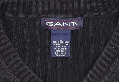 Gant Men's Black Cotton V-Neck Jumper Size L Long Sleeve Knit