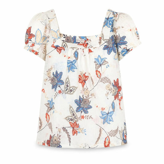 Front view of Guess Jeans women’s multicoloured floral peasant blouse, size L, short sleeve