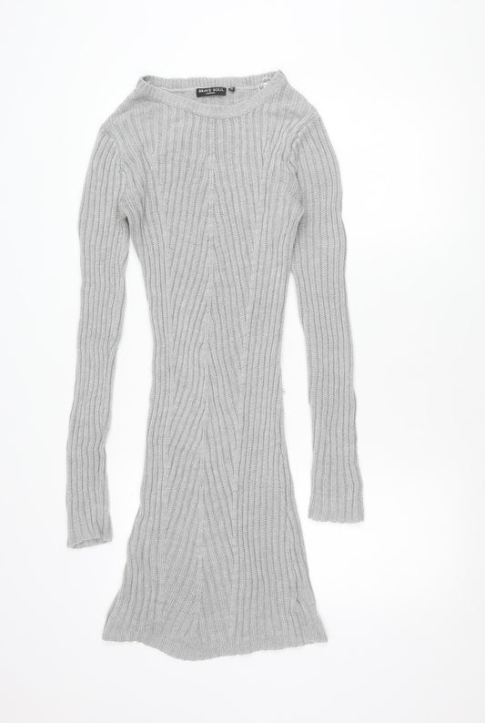 Brave Soul Womens Grey Knit Tunic Jumper Size M 14 Crew Neck Long Sleeve