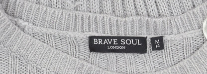 Brave Soul Womens Grey Knit Tunic Jumper Size M 14 Crew Neck Long Sleeve