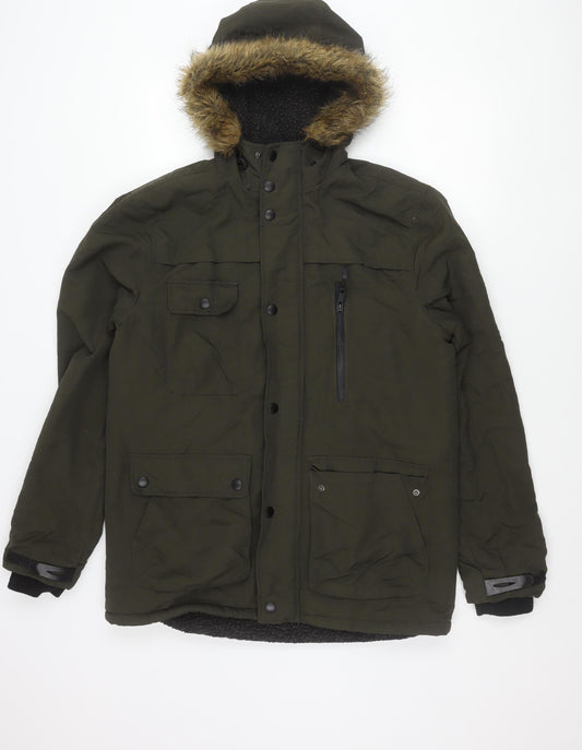 George Men's Green Parka Coat M 39-41" Winter Hooded Faux Fur Lined