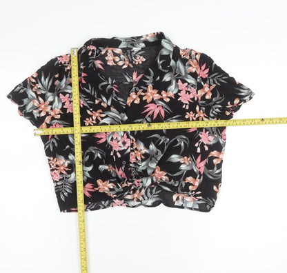 H&M Divided Women’s Black Floral Cropped Button-Up Shirt Size 12