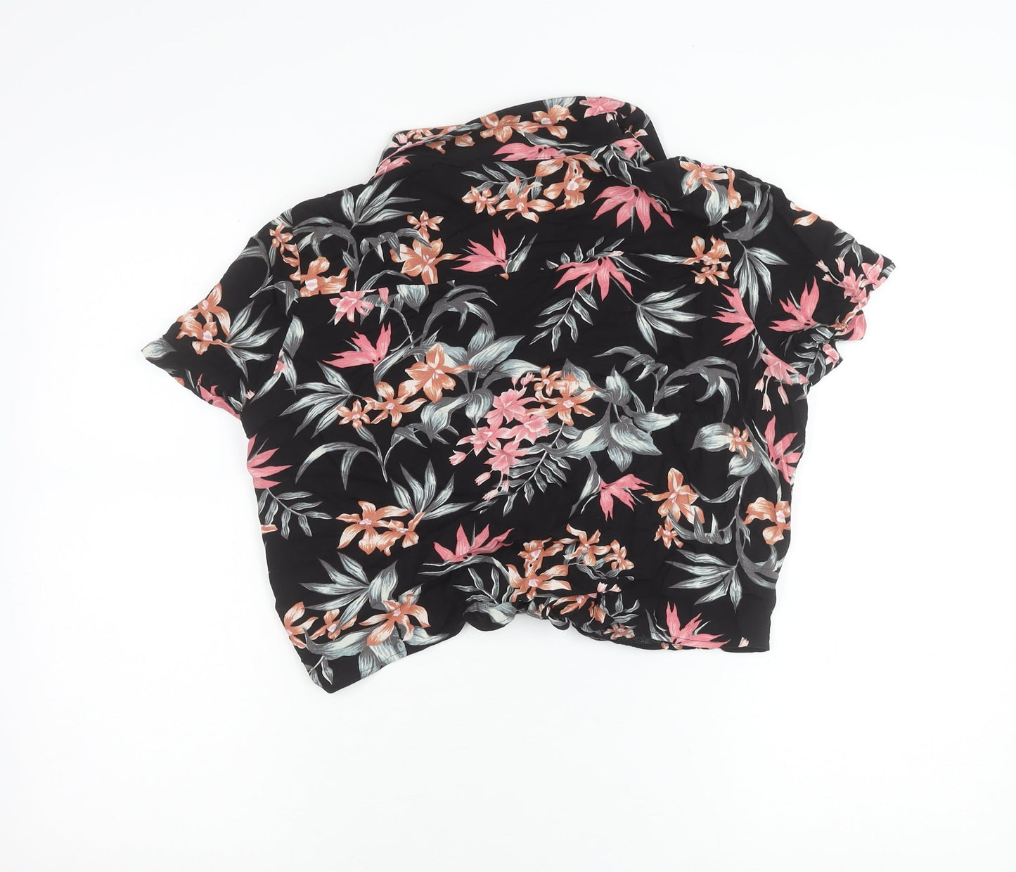 H&M Divided Women’s Black Floral Cropped Button-Up Shirt Size 12
