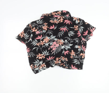 H&M Divided Women’s Black Floral Cropped Button-Up Shirt Size 12