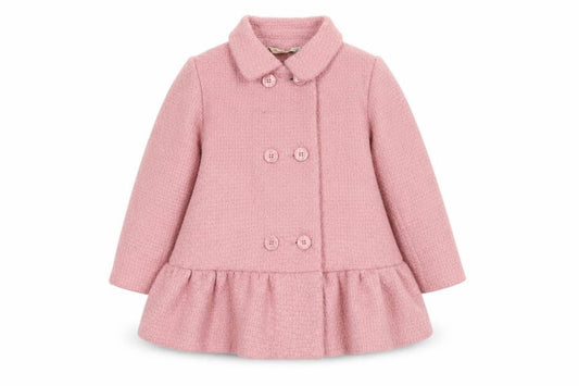 Front view of Molly n' Jack girls’ pink 3-4y double-breasted coat with ruffle hem