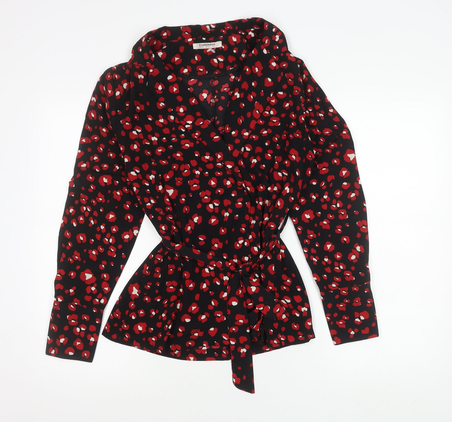 Glamorous Womens Black Red Wrap Blouse Size 10 Long Sleeve V-Neck