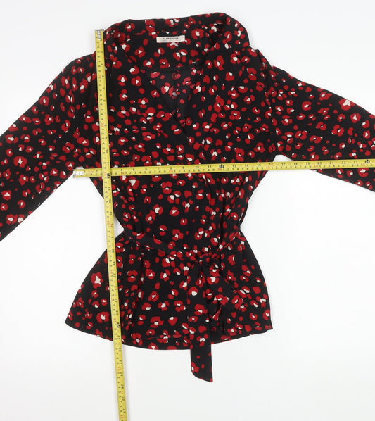 Glamorous Womens Black Red Wrap Blouse Size 10 Long Sleeve V-Neck
