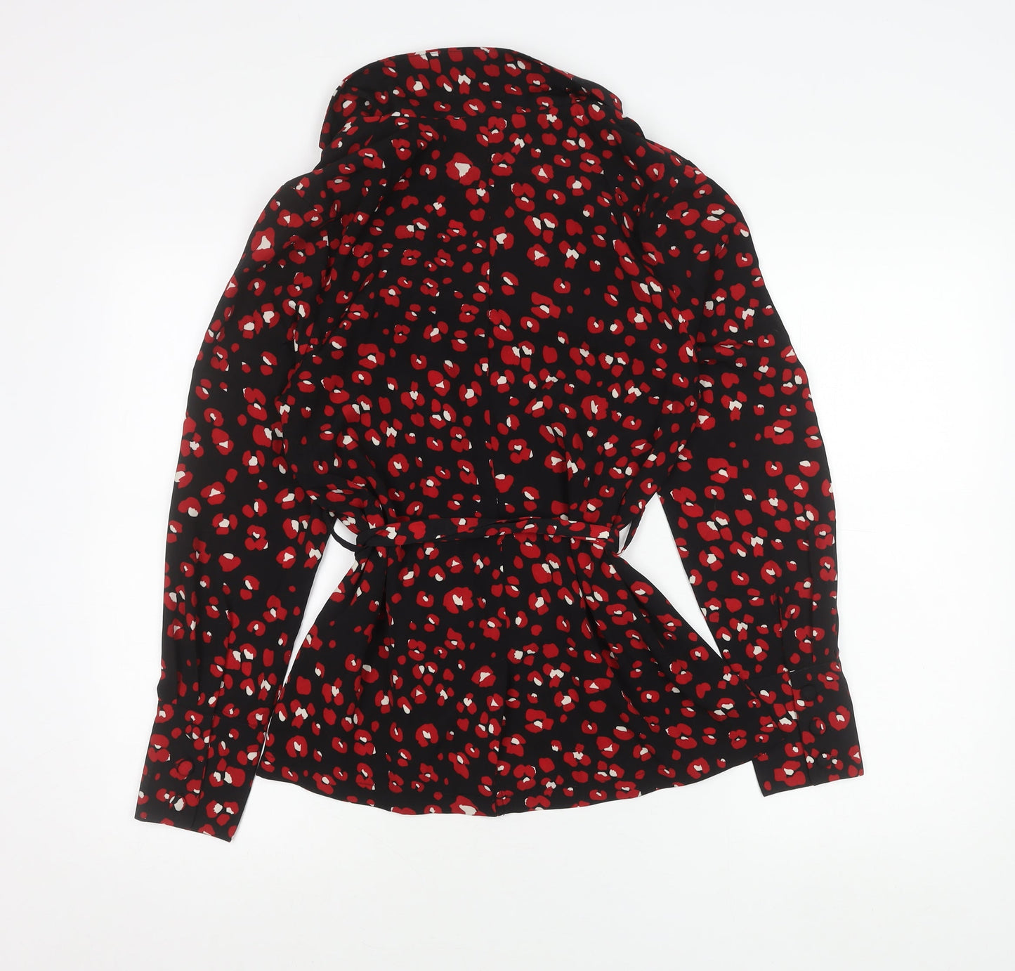 Glamorous Womens Black Red Wrap Blouse Size 10 Long Sleeve V-Neck