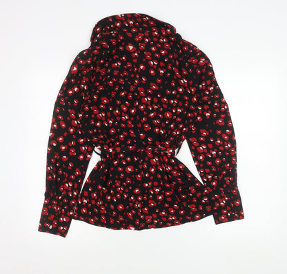 Glamorous Womens Black Red Wrap Blouse Size 10 Long Sleeve V-Neck