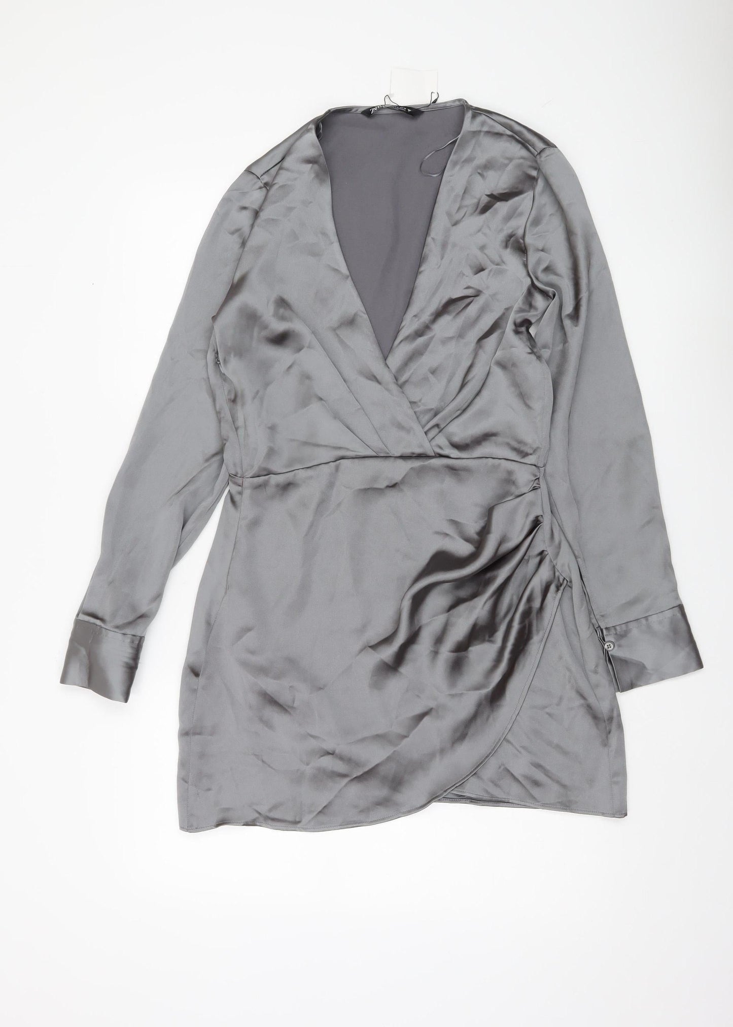 Zara Women Grey Satin Wrap Dress Size 12 Long Sleeve Party