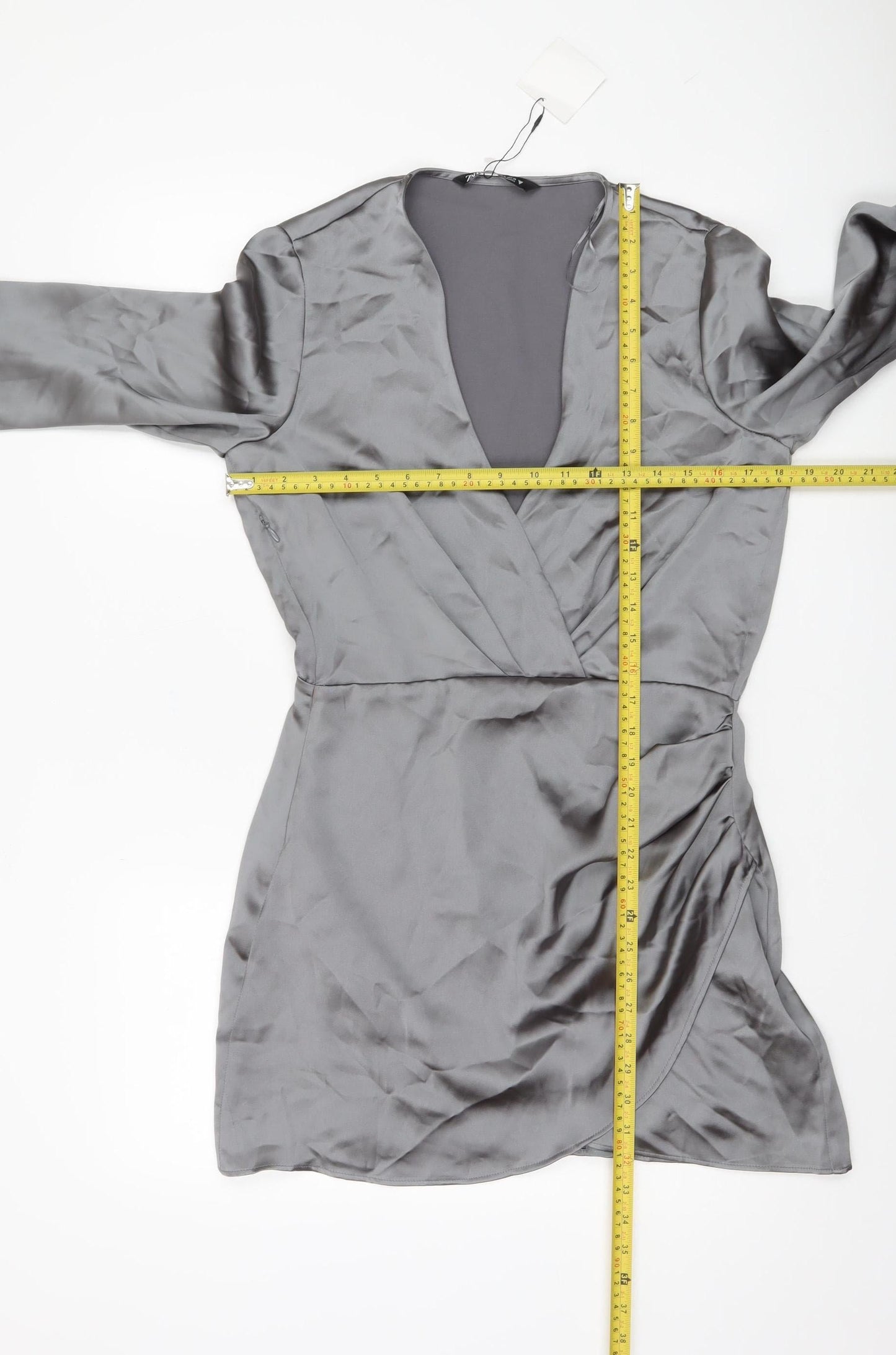 Zara Women Grey Satin Wrap Dress Size 12 Long Sleeve Party