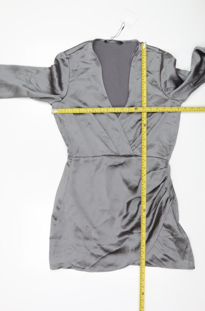 Zara Women Grey Satin Wrap Dress Size 12 Long Sleeve Party