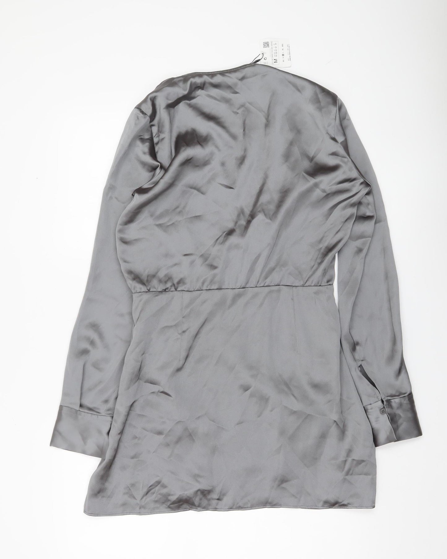 Zara Women Grey Satin Wrap Dress Size 12 Long Sleeve Party