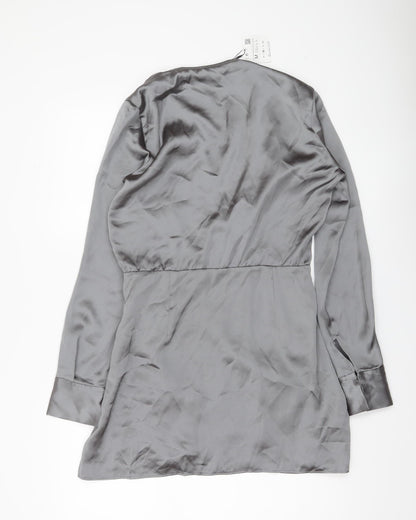 Zara Women Grey Satin Wrap Dress Size 12 Long Sleeve Party