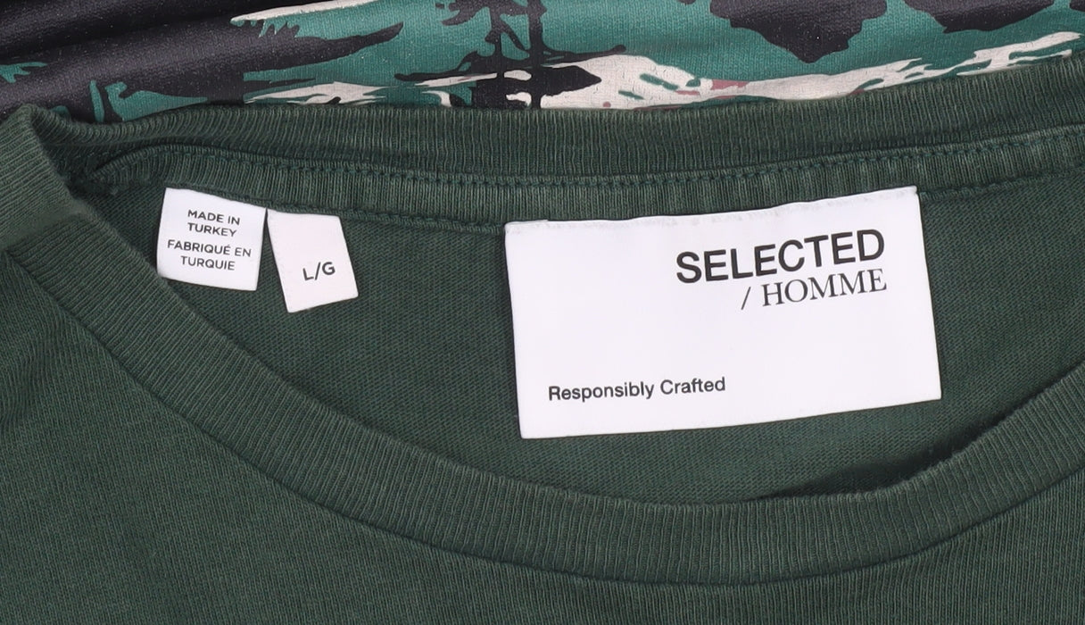 Selected Homme Men’s Green Long Sleeve Graphic Cotton T-Shirt L