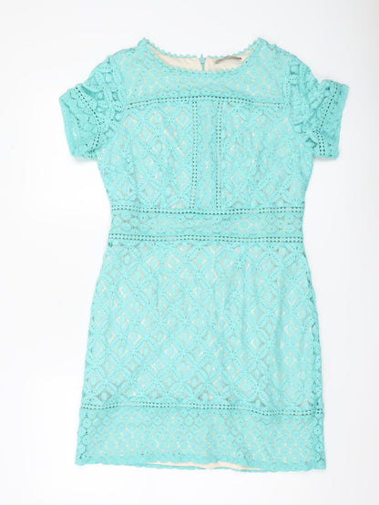 Oasis Women Blue Lace Sheath Dress Size M Short Sleeve