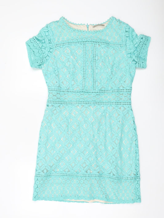 Oasis Women Blue Lace Sheath Dress Size M Short Sleeve