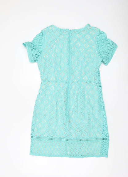 Oasis Women Blue Lace Sheath Dress Size M Short Sleeve