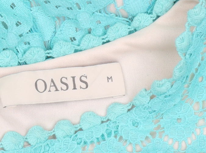 Oasis Women Blue Lace Sheath Dress Size M Short Sleeve