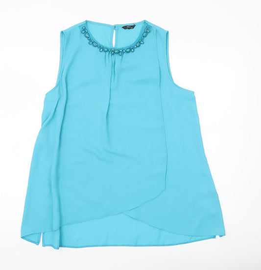 M&Co Women’s Blue Beaded Neckline Sleeveless Tunic Blouse Size 16