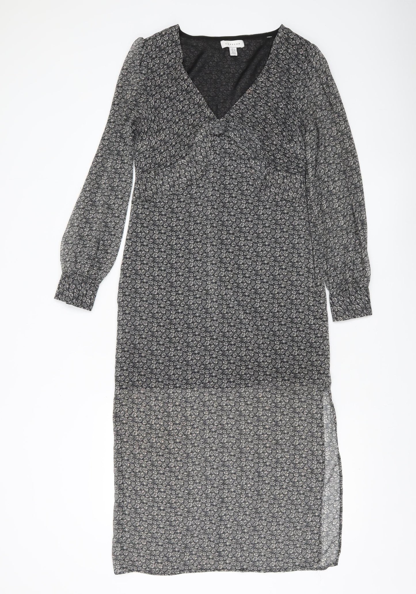 Topshop Women’s Black Floral Midi Wrap Dress Size 6 Long Sleeve