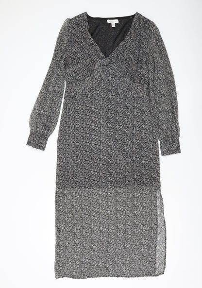 Topshop Women’s Black Floral Midi Wrap Dress Size 6 Long Sleeve