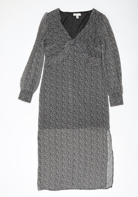 Topshop Women’s Black Floral Midi Wrap Dress Size 6 Long Sleeve