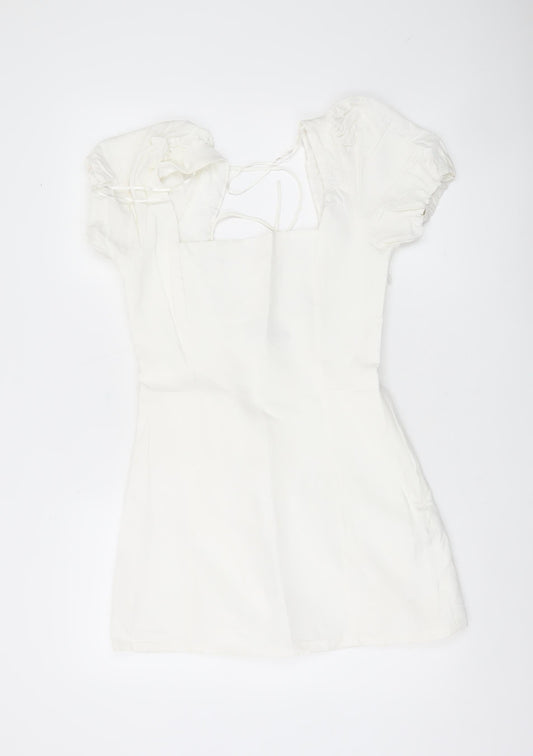 Zara Women White A-Line Short Dress Size 12 Puff Sleeve Lace Up